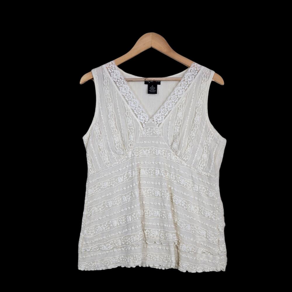 Y2K Lace Tank Top M Ivory Style & Co Romantic Coquette Vintage Sleeveless Fairy